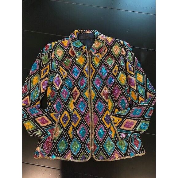 New Original VTG Medium Mary McFadden Multicolor Silk Chiffon Sequined Jacket - Picture 14 of 16